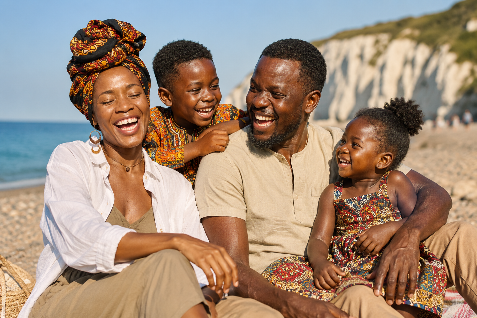 A happy family laughing together at the beach